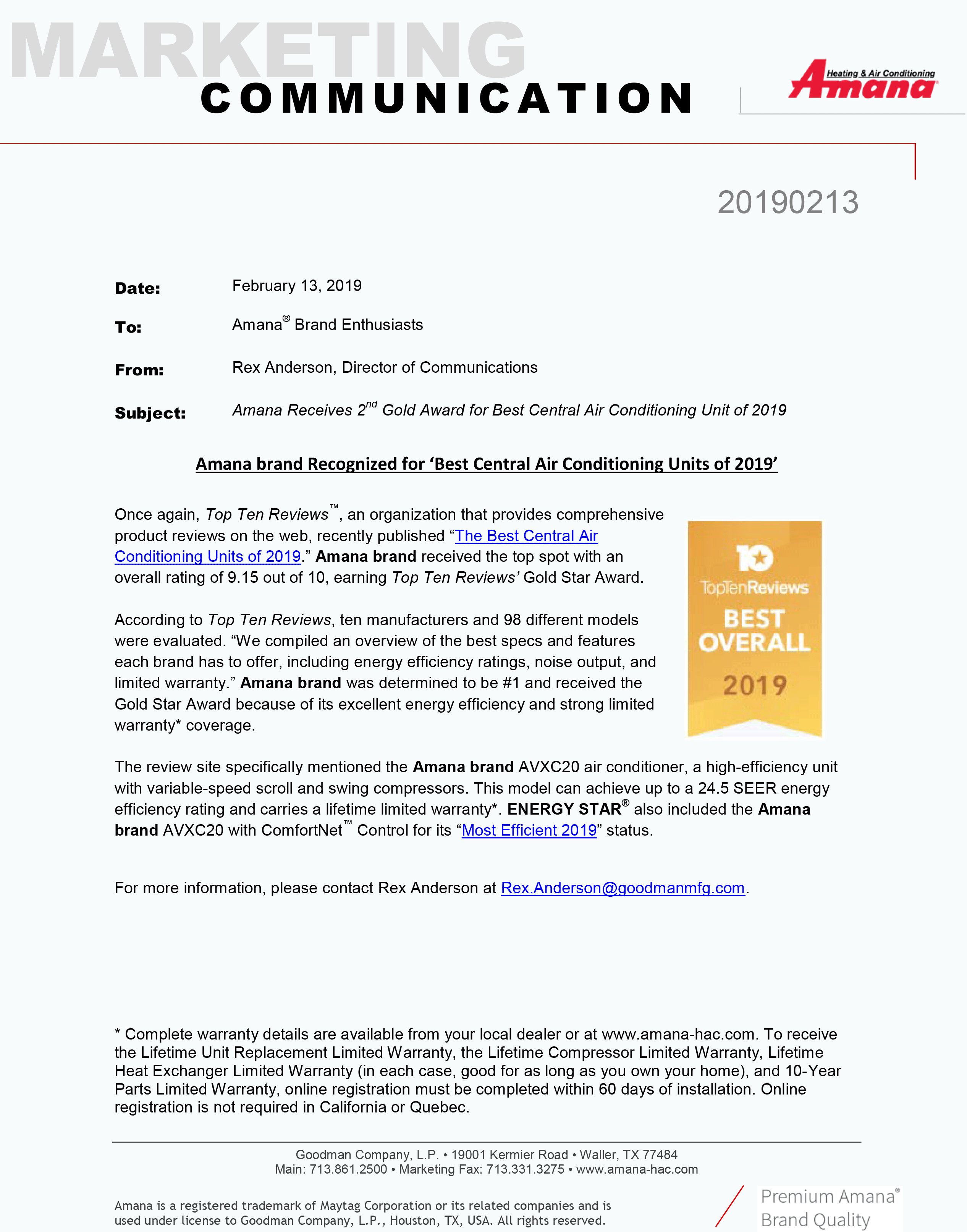 Amana MarCom News Amana Receives 2nd Gold Award 20190213